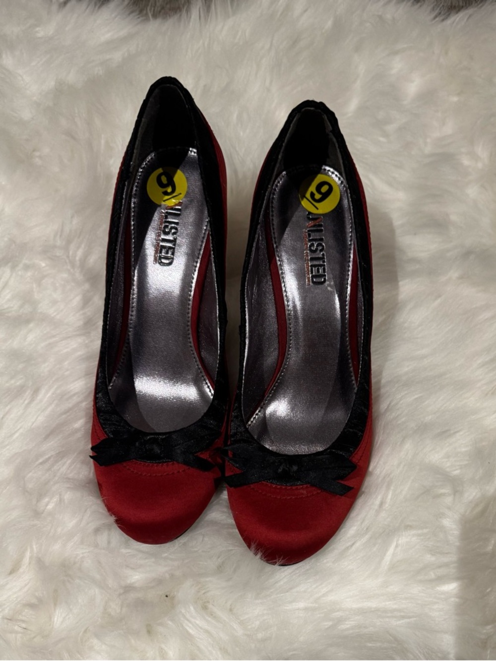 Unlisted Red Satin Pumps with Black Bow Accent